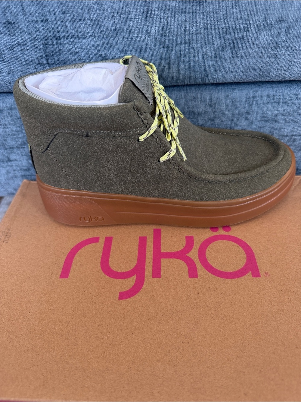 Ryka Vibrant Alpine Green Suede Ankle Boot with Brown Gum Sole and Yellow Laces